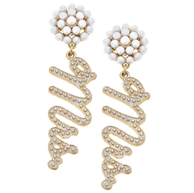 ladies earrings with zircon shine -"Mrs." Pearl Detail Drop Earring