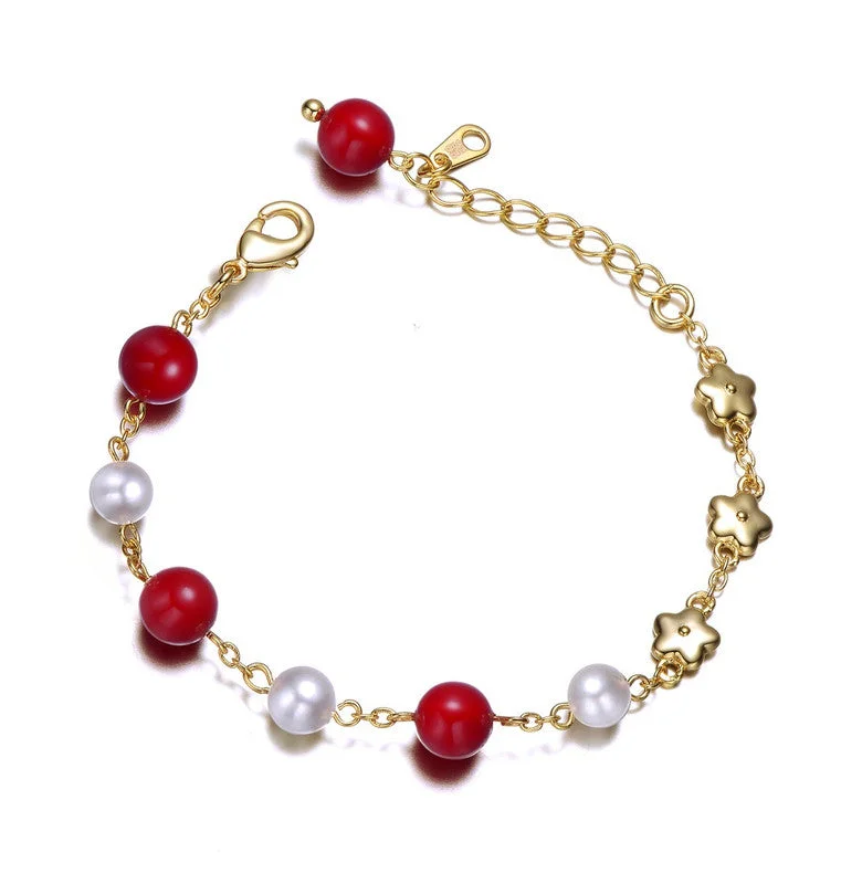 bracelets for party wear -Kids 14k Gold Plated Colored Pearl and Star Charms Bracelet