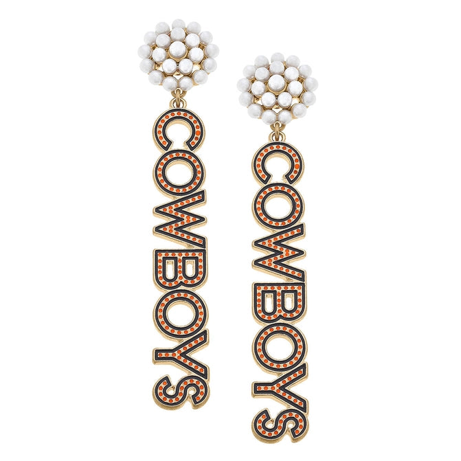 ladies earrings with opal glow -OSU Pearl Dotted Enamel Drop Earring