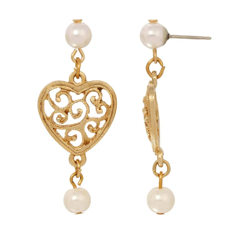 ladies earrings with topaz blue -1928 Jewelry Gold Filigree Heart & Faux Pearl Post Dangle Earrings