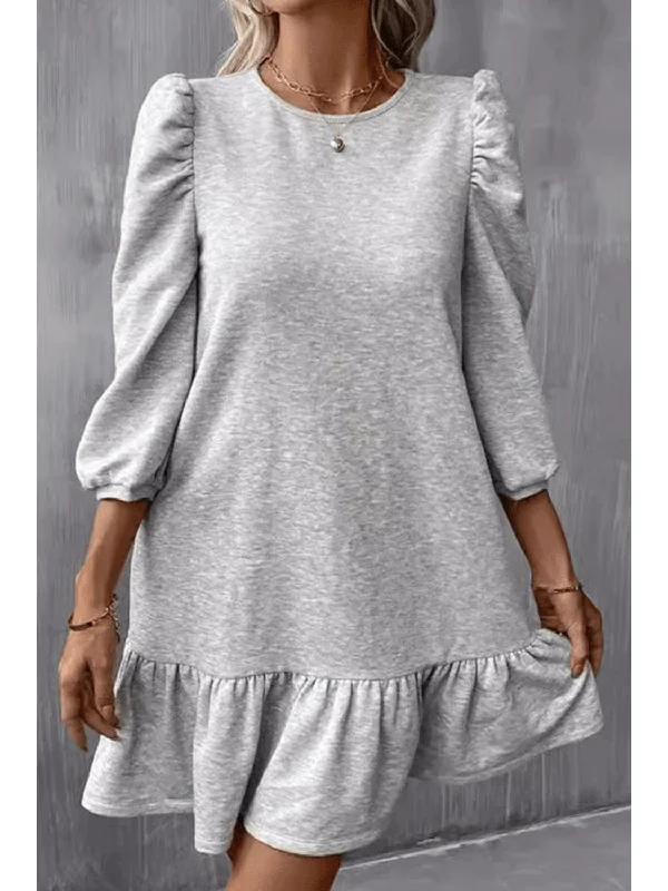 bracelets with cross charm -Light Grey Solid Color Ruffle Hem Bracelet sleeve Round Neck Dress