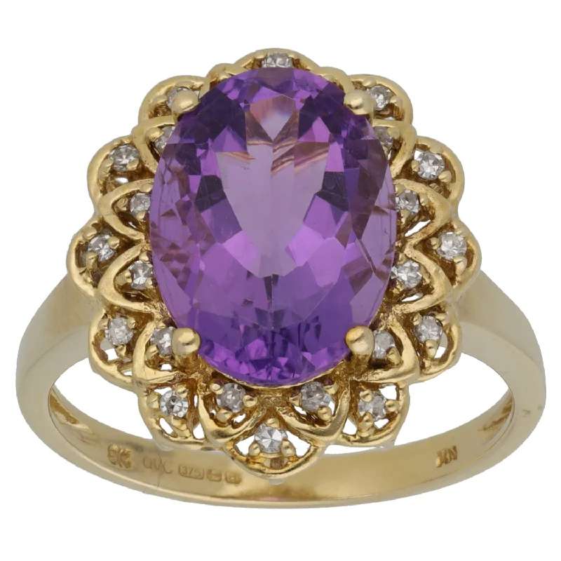 ladies engagement rings bold statement -9ct Gold Amethyst & 0.24ct Diamond Dress/Cocktail Ring Size T