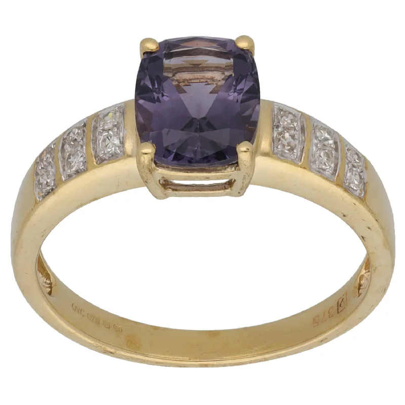 ladies engagement rings trendy 2025 -9ct Gold Iolite & 0.24ct Diamond Solitaire Ring With Accent Stones Size S