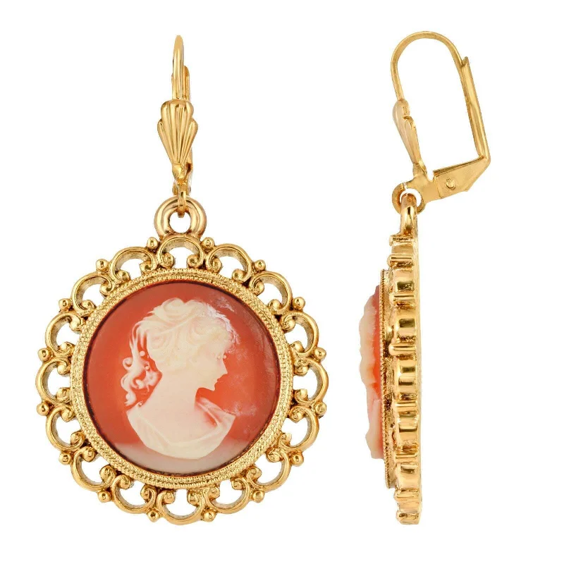 ladies earrings dangle elegant -1928 Jewelry Intricate Round Cameo Drop Earrings