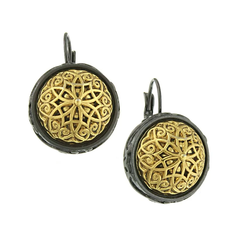 ladies earrings for young women -Antiquities Couture Patras Jet Black Gold Button Leverback Earrings