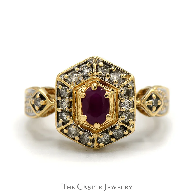 ladies rings for mother -Oval Ruby Shield ring with Diamond Halo and Accents in 14k Yellow Gold Vintage Mounting