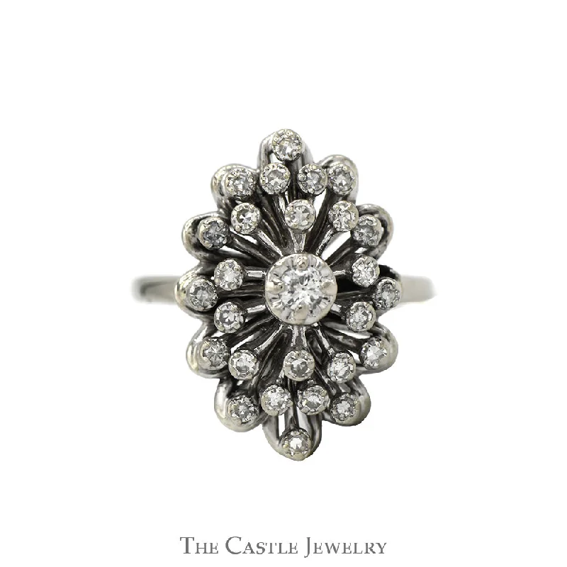 ladies rings for party -1/2cttw Marquise Shaped Starburst Diamond Cluster Ring in 14k White Gold