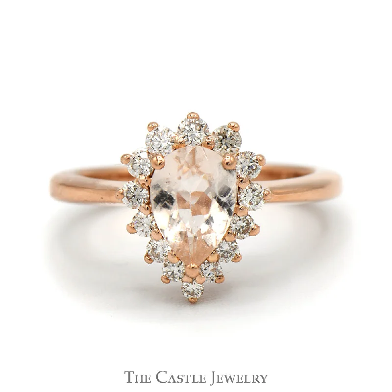 ladies rings floral pattern -Pear Cut Morganite Engagement Ring with Diamond Halo in 14k Rose Gold