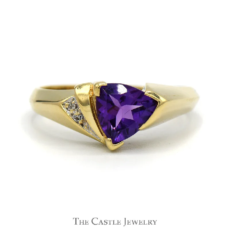 ladies rings gold band -Trillion Cut Amethyst Ring with Illusion Set Diamond Accents in 10k Yellow Gold