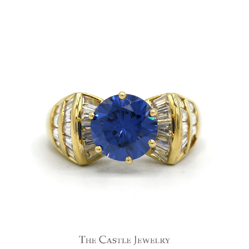 ladies rings for daily wear -Round Synthetic Sapphire Ring with Channel Set Baguette Cut Cubic Zirconia Accents in 10k Yellow Gold