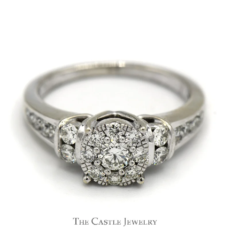 ladies rings affordable luxury -1cttw Diamond Cluster Engagement Ring with Channel Set Accents in 14k White Gold