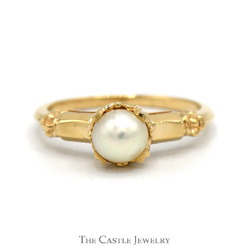 ladies rings affordable price -Round Pearl Solitaire Ring in 14k Yellow Gold Vintage Style Mounting