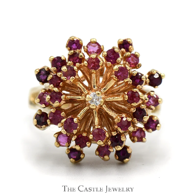 ladies rings for special occasion -Ruby Starburst Cluster Ring with Diamond Accent in 10k Yellow Gold