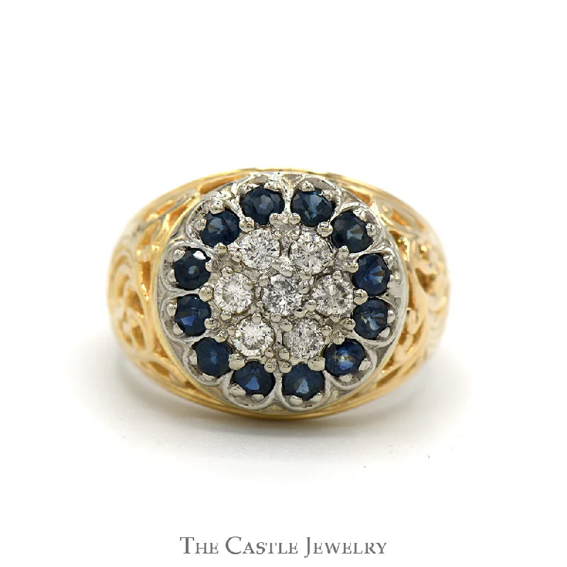 ladies rings fashion statement -Round Sapphire & Diamond Kentucky Cluster Ring with Open Filigree Sides in 14k Yellow Gold