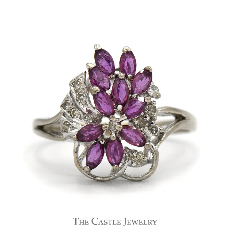 ladies rings affordable price -Marquise Ruby & Round Diamond Cluster Ring in 14k White Gold Split Shank Setting