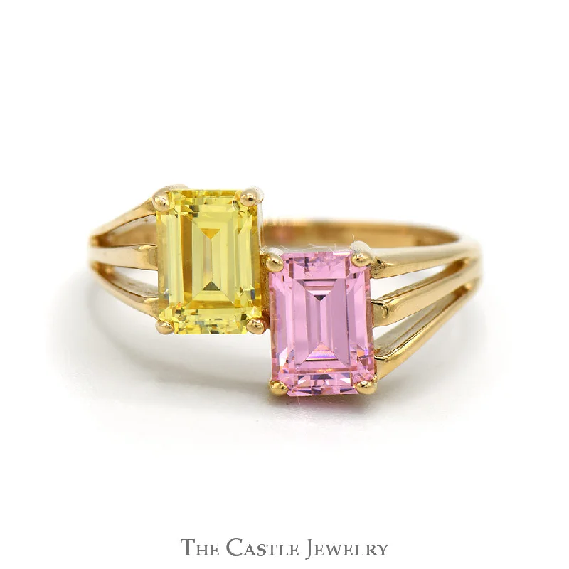 ladies rings geometric shape -Emerald Cut Pink Ice and Lemon Ice Bypass Ring with Split Shank Sides in 14k Yellow Gold