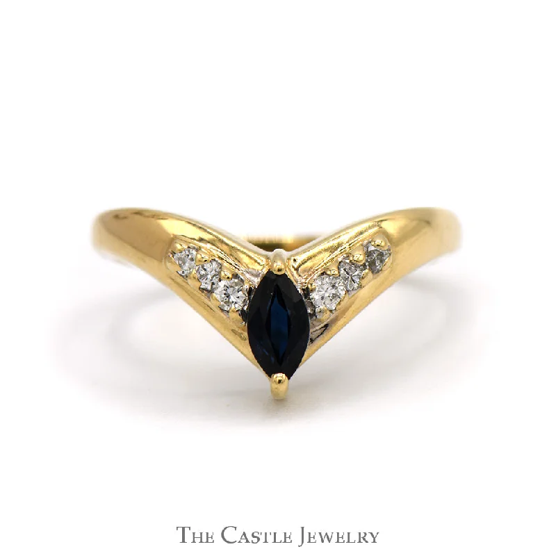 ladies rings vintage look -Marquise Cut Sapphire Ring with Diamond Accents in 14k Yellow Gold "V" Shaped Setting