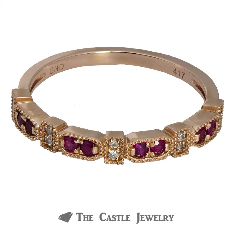 ladies rings with engraving -Ruby Stackable Ring with Diamonds & Beaded Edges 10K