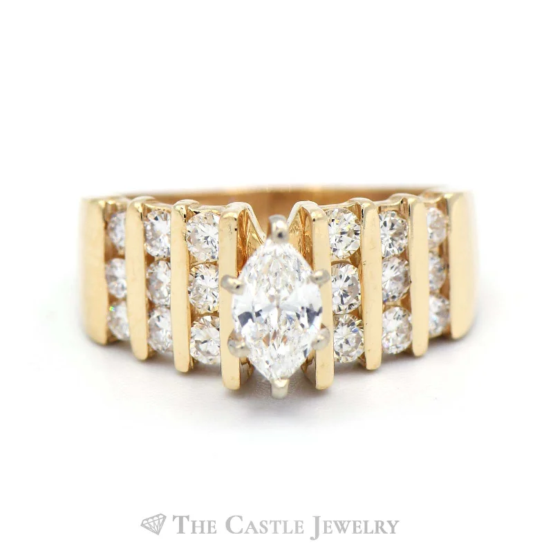 ladies rings for proposal -1.5cttw Marquise Diamond Engagement Ring with Round Diamond Columns in 14k Yellow Gold