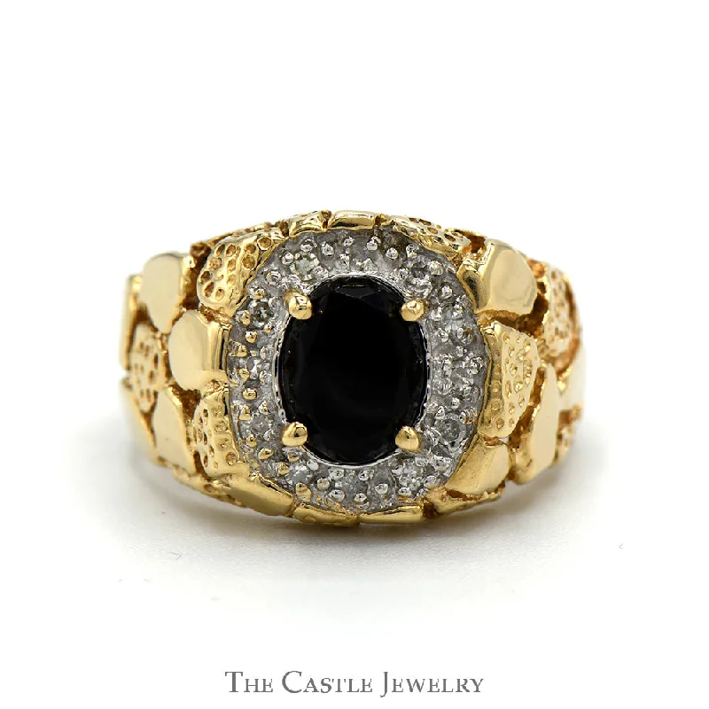 ladies rings for wedding -Men's Oval Black Onyx Ring with Diamond Bezel and Nugget Textured Sides in 10k Yellow Gold