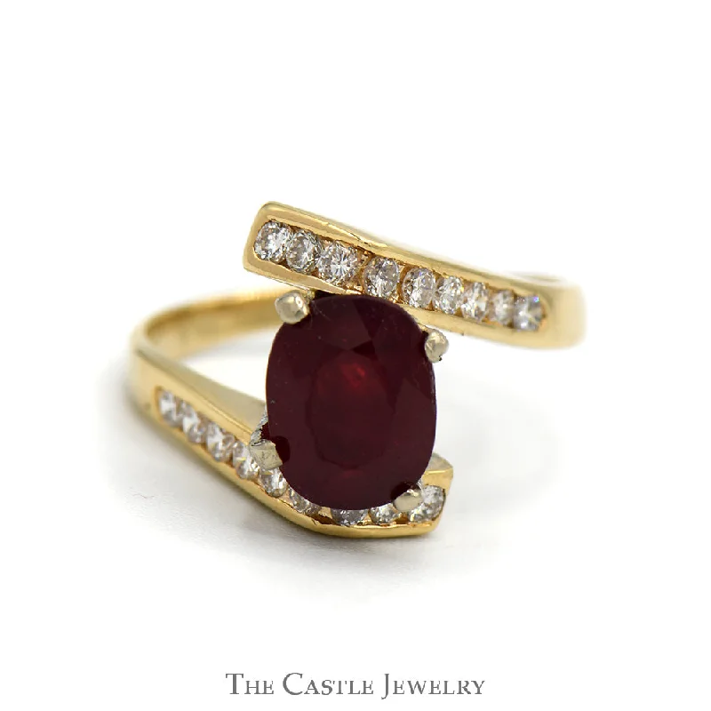 ladies rings for fashion lovers -Oval Ruby Ring with Channel Set Diamond Accented Bypass Setting in 14k Yellow Gold