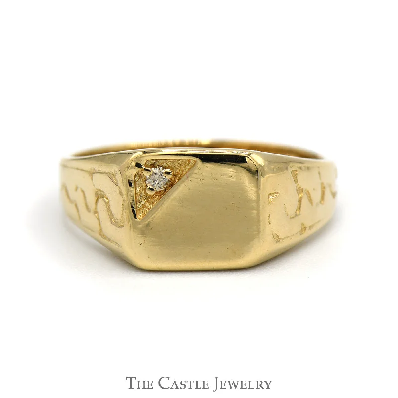 ladies rings stylish cheap -Diamond Accented Signet Ring with Nugget Sides in 14k Yellow Gold