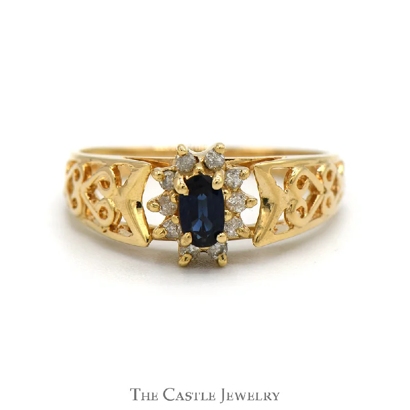 ladies rings custom made -Oval Sapphire Ring with Diamond Halo in 14k Yellow Gold Open Heart Mounting