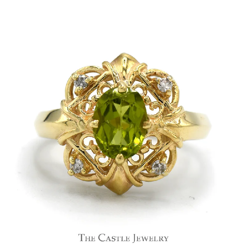 ladies rings heart shaped -Oval Peridot Ring with Diamond Accented Filigree Halo in 10k Yellow Gold