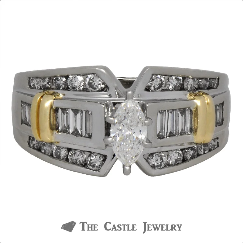 ladies rings for wedding -Two Tone Marquise Bridal Ring with Accents Diamonds