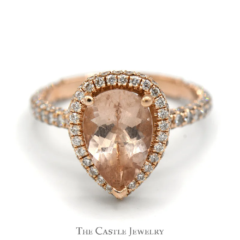 ladies rings with zircon -Pear Cut Morganite Ring with Diamond Halo and Accented Sides in 14k Rose Gold