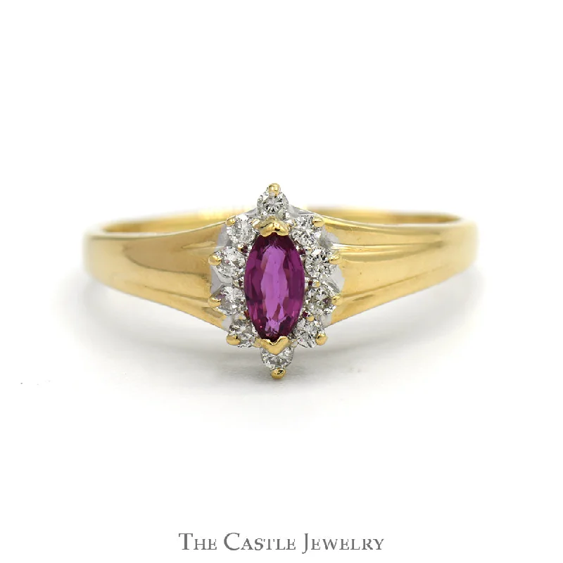 ladies rings with emerald -Marquise Cut Ruby Ring with Diamond Halo in 14k Yellow Gold