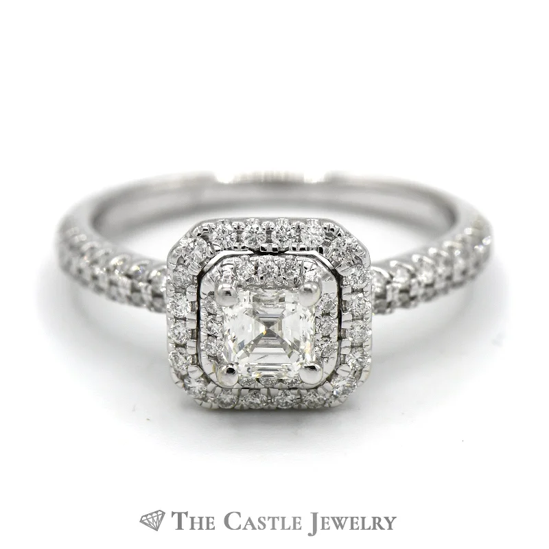 ladies rings infinity symbol -Asscher Cut Diamond Ring with Double Diamond Halo in 14k White Gold Cathedral Mounting