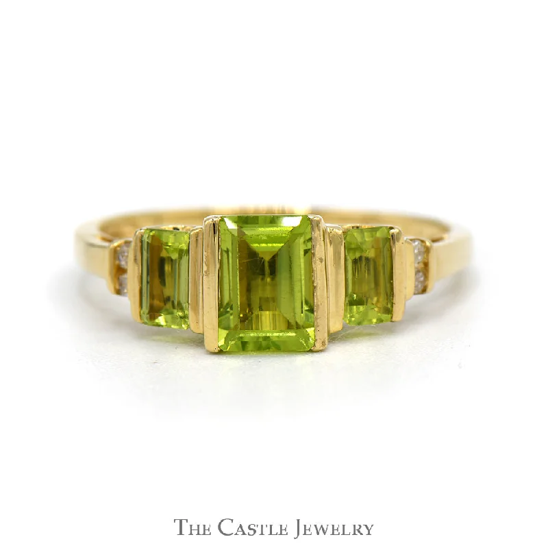 ladies rings delicate band -Three Stone Emerald Cut Peridot Ring with Diamond Accents in 10k Yellow Gold