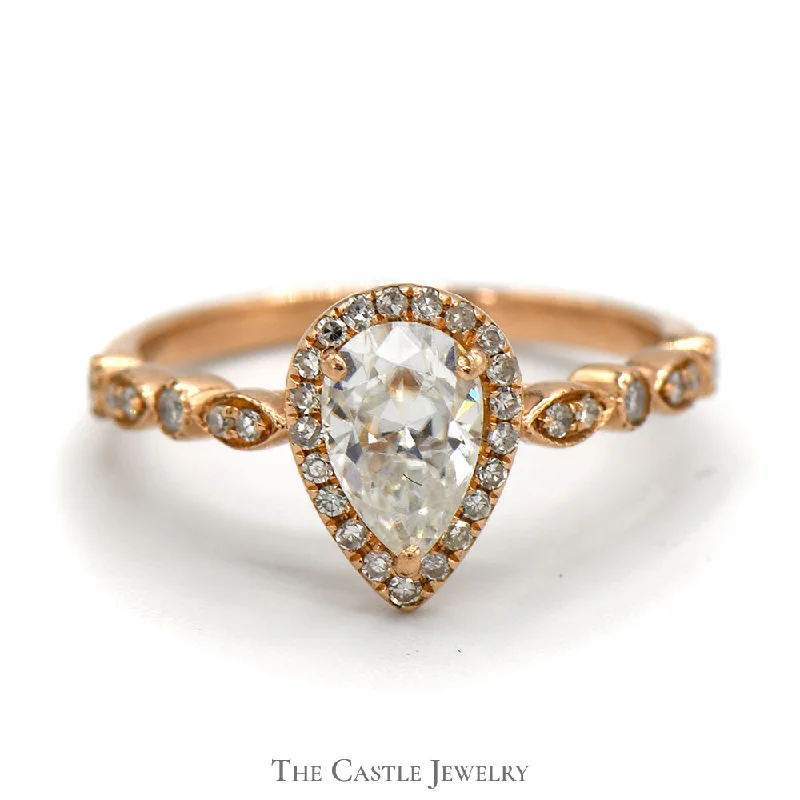 ladies rings platinum finish -Pear Cut Moissanite Ring with Diamond Accents in 14k Rose Gold