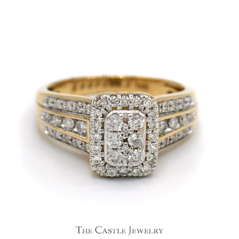 ladies rings eternity band -3/4cttw Rectangular Diamond Cluster Ring with Diamond Accented Sides in 14k Yellow Gold