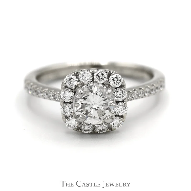 ladies rings lightweight feel -.85cttw Diamond Engagement Ring with Diamond Halo and Accented Sides in 14k White Gold