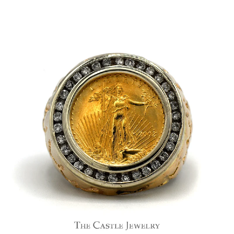 ladies rings for young women -2002 Liberty Coin Ring with 1/2cttw Diamond Bezel and Textured Nugget Sides in 14k Yellow Gold