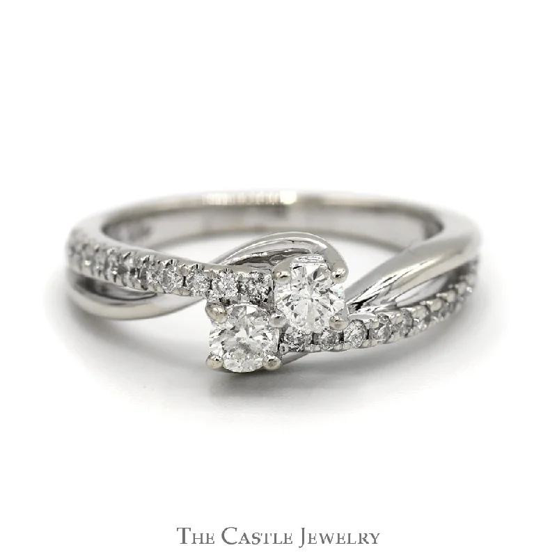 ladies rings for mother -Ever Us Double Diamond Bypass Ring with Diamond Accented Sides in 14k White Gold