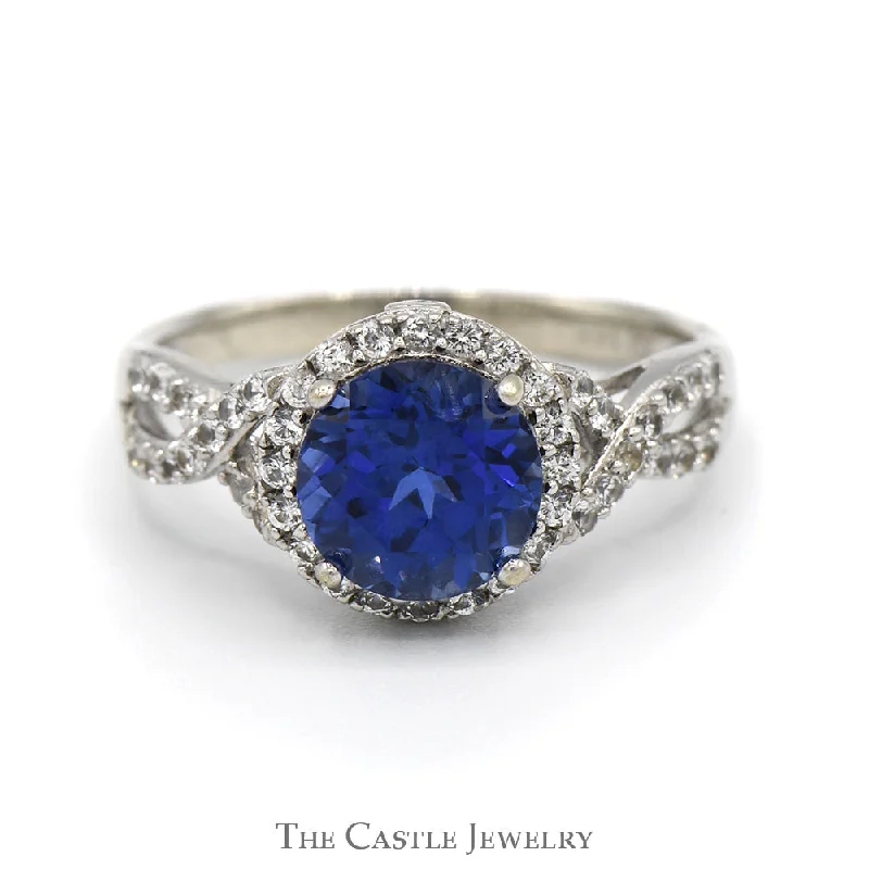 ladies rings with gold plating -Round Created Sapphire Ring with White Sapphire Halo and Accents in 14k White Gold