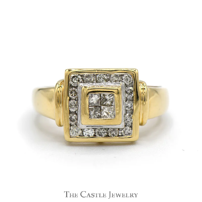 ladies rings hypoallergenic metal -Square Shaped Invisi-set Princess Cut Diamond Cluster Ring with Round Diamond Halo in 14k Yellow Gold