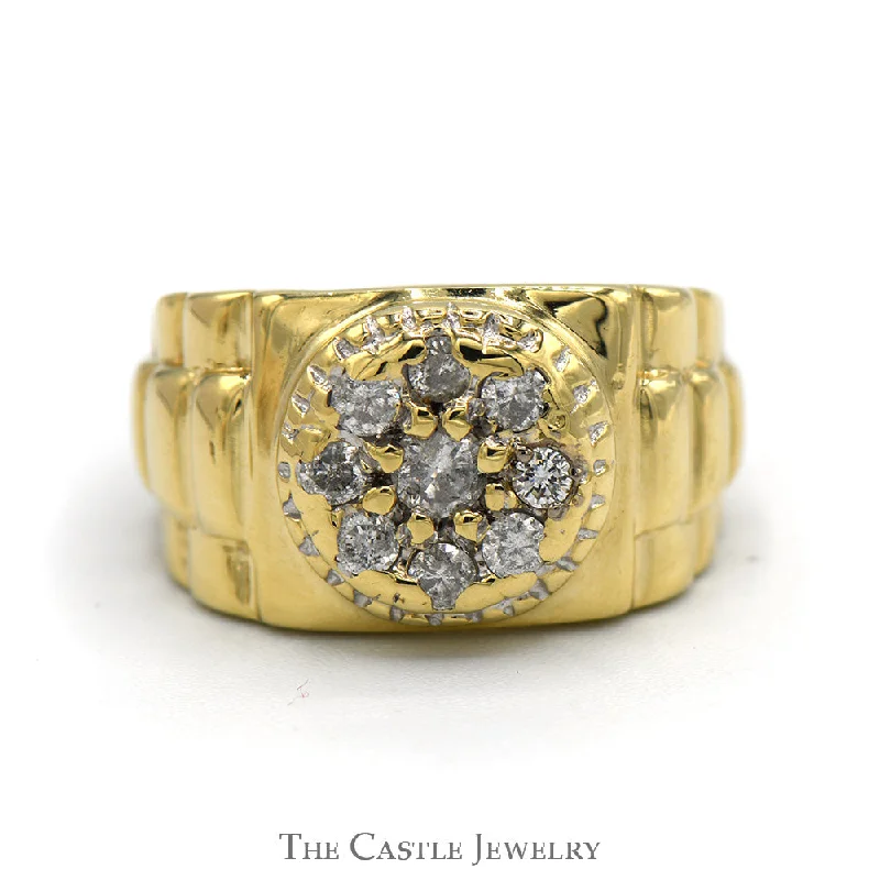 ladies rings for party -1/2cttw Round Diamond Cluster Men's Ring with Ridged Rolex Designed Sides in 14k Yellow Gold