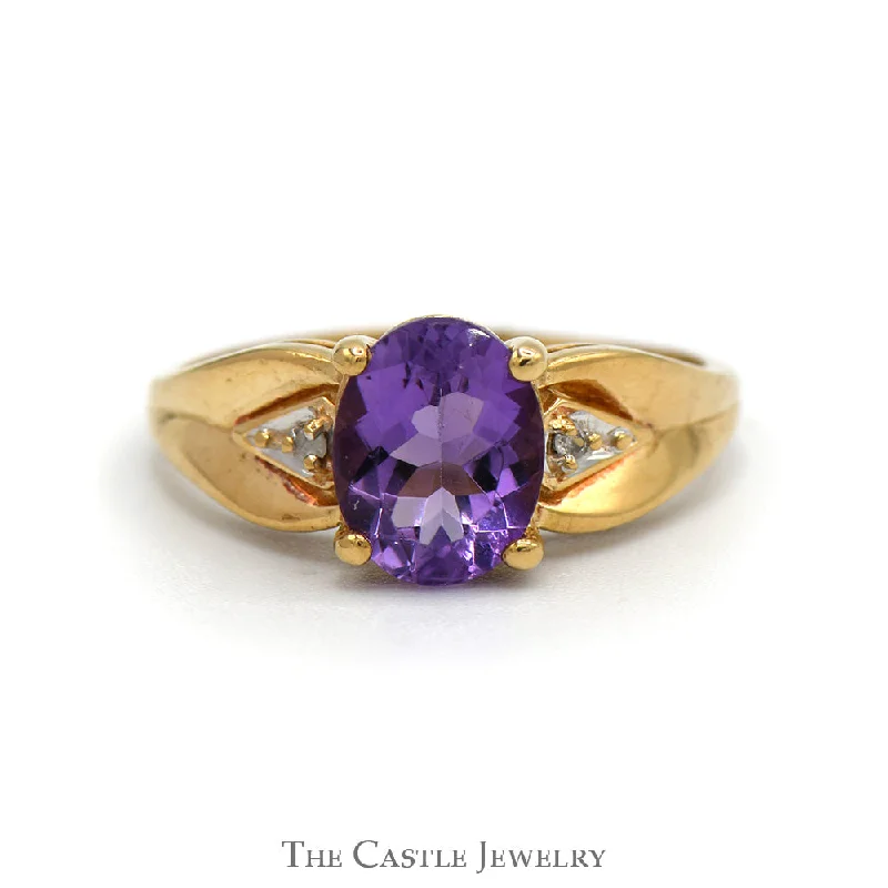 ladies rings minimalist design -Oval Amethyst Ring with Illusion Set Diamond Accents in 10k Yellow Gold