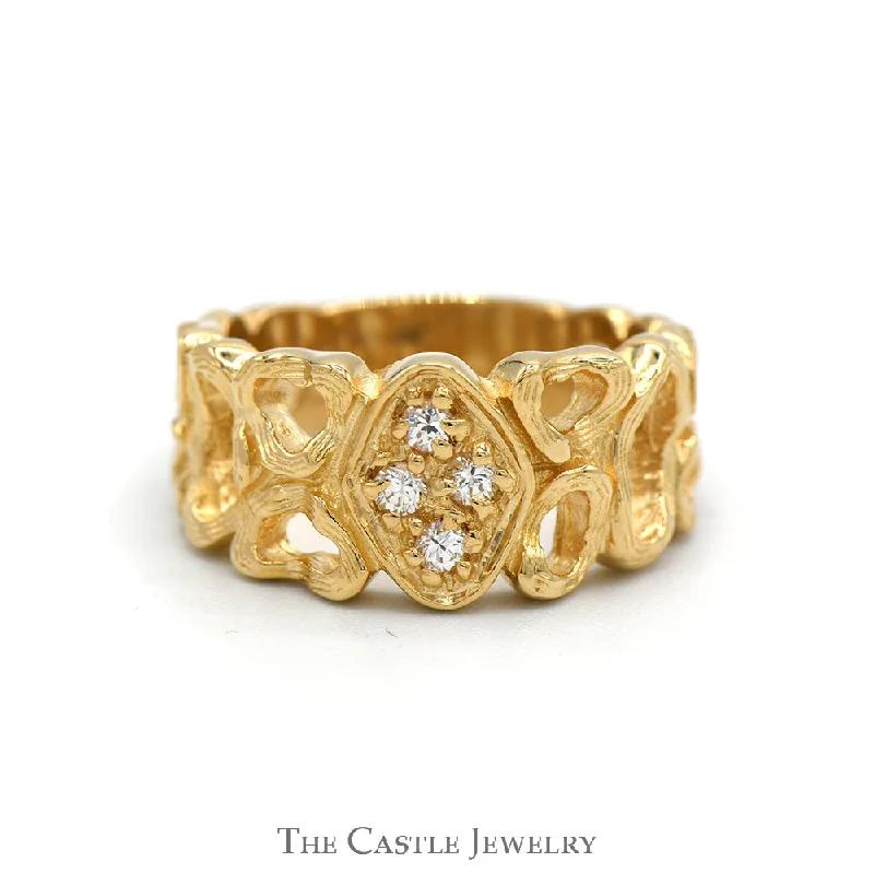 ladies rings stackable set -Open Nugget Style Ring with Cubic Zirconia Cluster in 14k Yellow Gold