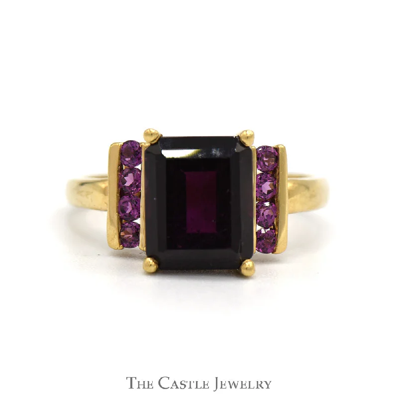 ladies rings handmade unique -Emerald Cut Rhodolite Garnet Ring with Accented Sides in 10k Yellow Gold