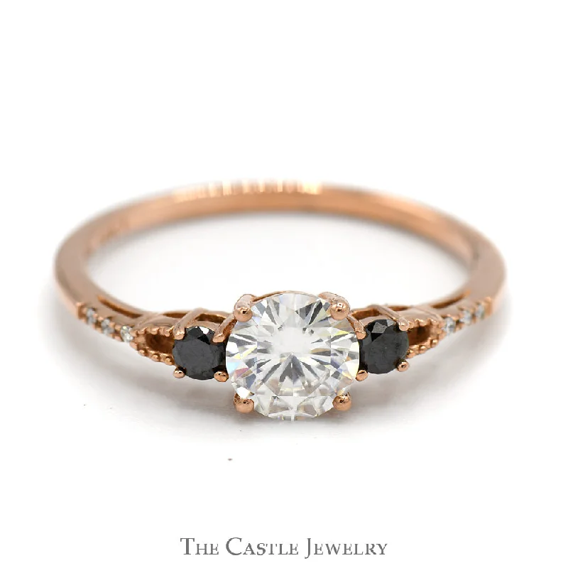 ladies rings with onyx -Moissanite Solitaire Ring with Black and White Diamond Accents in 10k Rose Gold