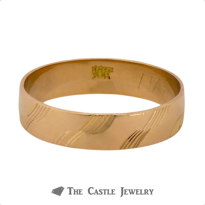 ladies rings rose gold style -Ladies 18k Yellow Gold 4.5mm Textured Designed Wedding Band