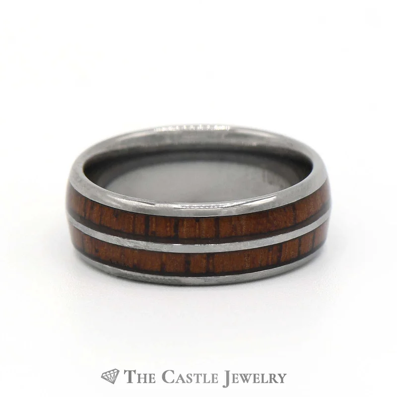 ladies rings custom made -8mm Tungsten Wedding Band with Double Row of Bourbon Barrell Wood Design