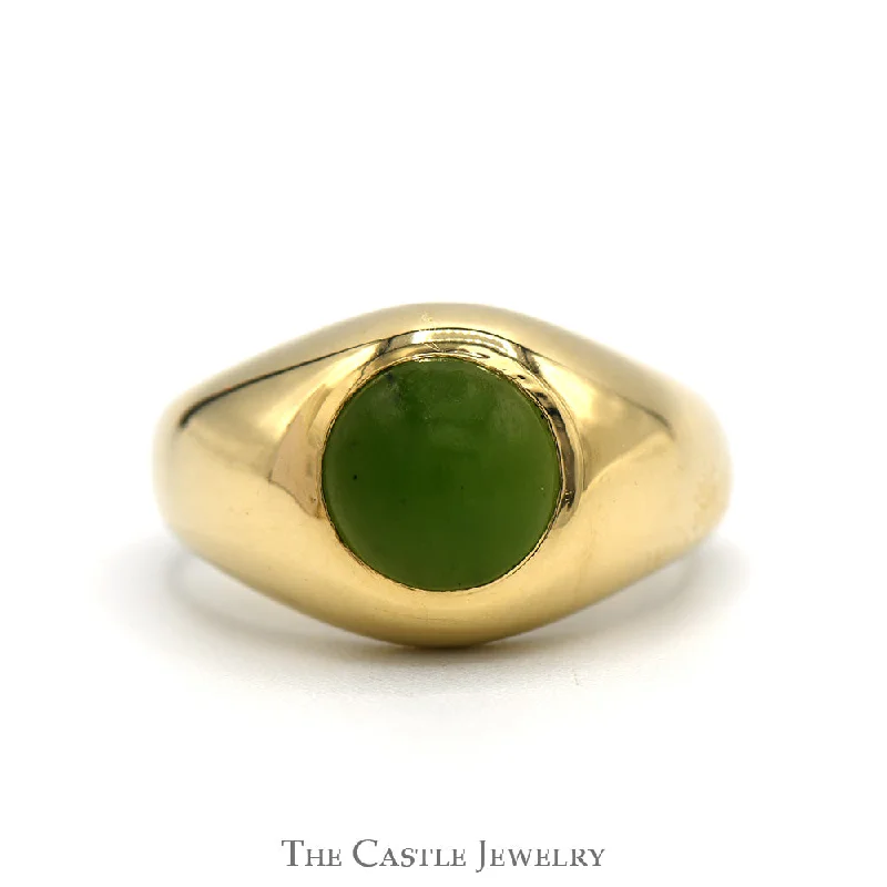 ladies rings white gold -Round Green Jade Dome Men's Ring with Polished Sides in 14k Yellow Gold