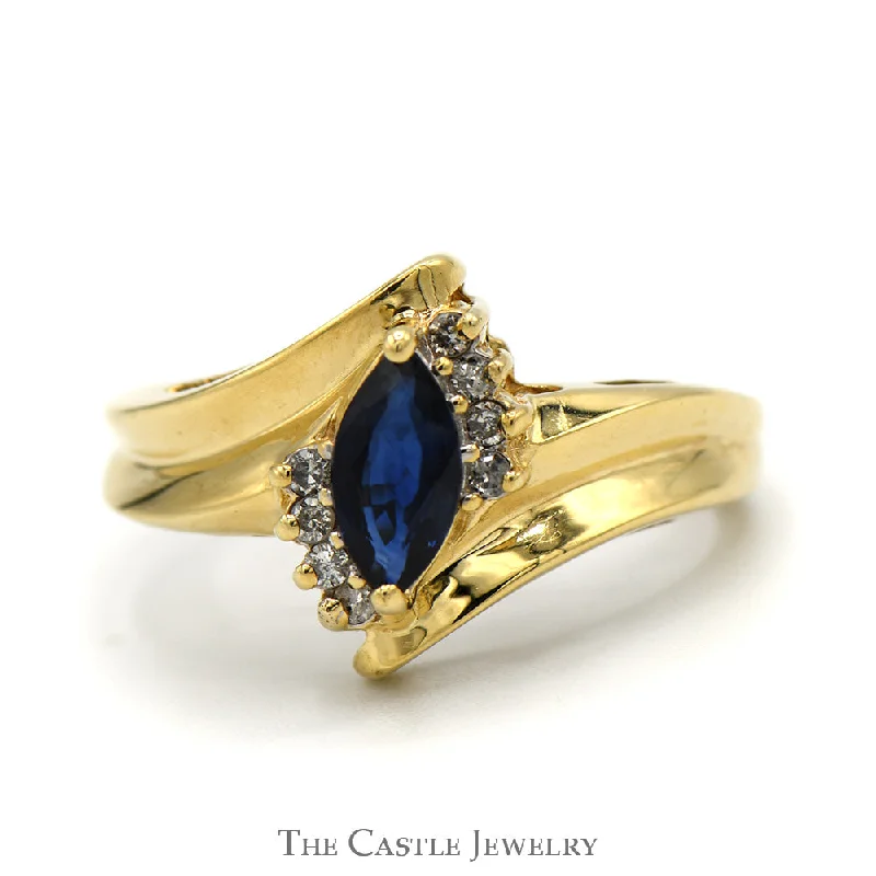 ladies rings stackable set -Marquise Cut Sapphire Ring with Diamond Accents in 10k Yellow Gold