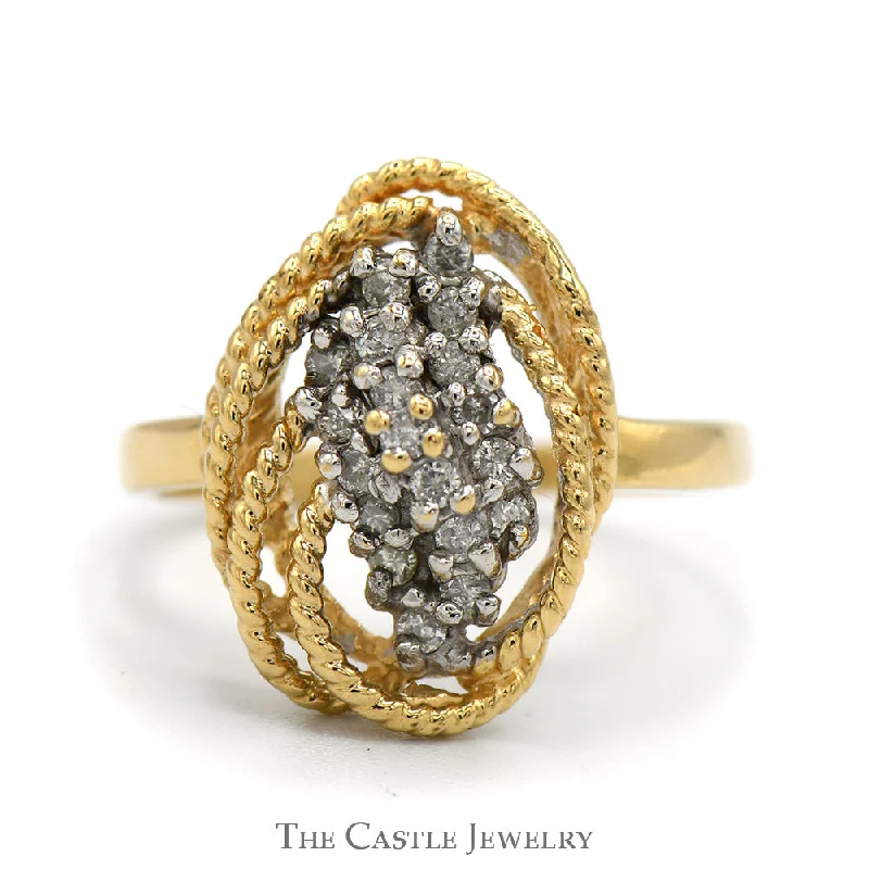 ladies rings for wedding -Waterfall Diamond Cluster Ring with Rope Designed Bezel in 14k Yellow Gold